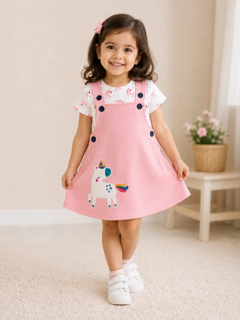 Girls Pink Unicorn Pinafore Dress with Printed T-Shirt – view 1