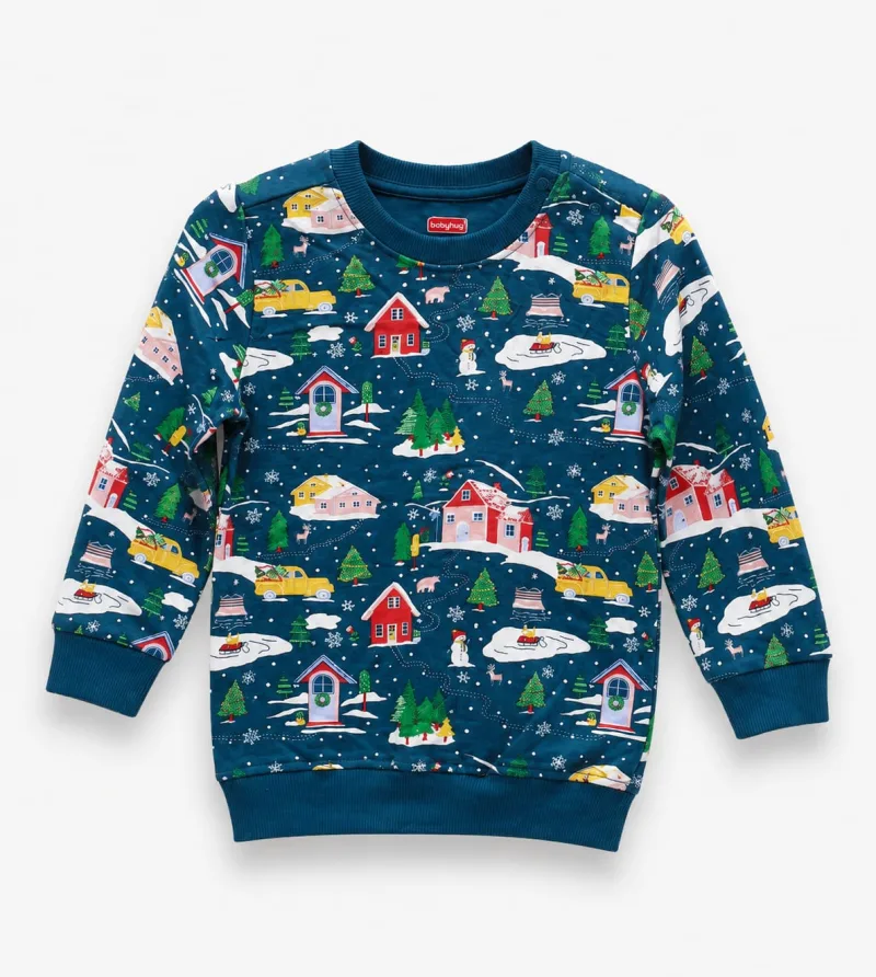 Kids Christmas Village Print Sweatshirt (Teal) – view 1