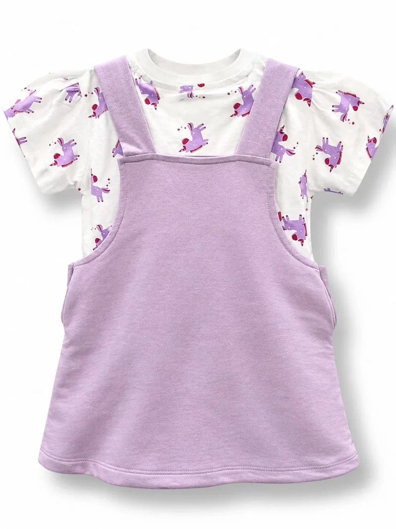 Girls’ Lavender Unicorn Dungaree Dress with Printed T-Shirt – view 2