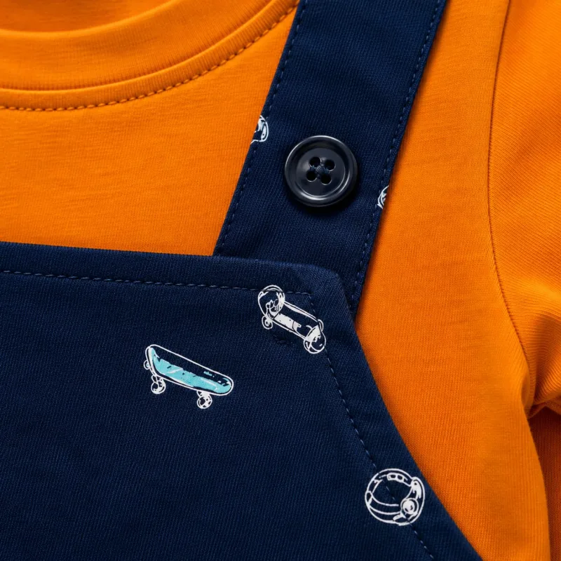Boys Orange T-Shirt with Printed Navy Blue Dungaree Set – view 6