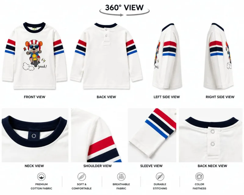 Kids White Printed Full Sleeve T-Shirt with Striped Sleeves – view 5