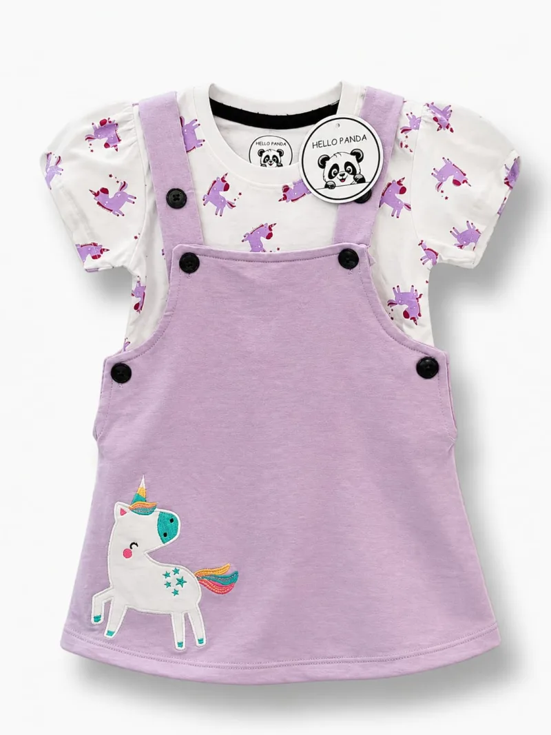 Girls’ Lavender Unicorn Dungaree Dress with Printed T-Shirt – view 1