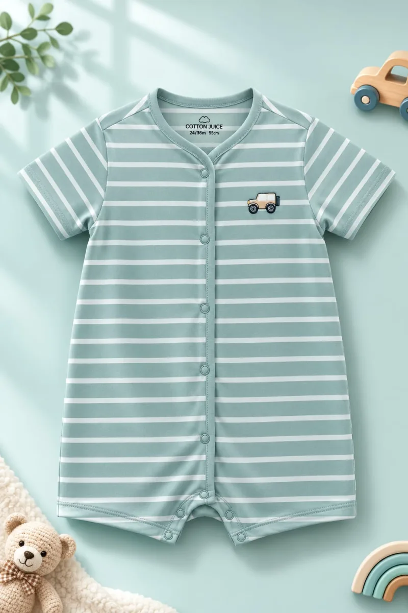 Baby Boy Mint Green & White Striped Cotton Romper – view 2