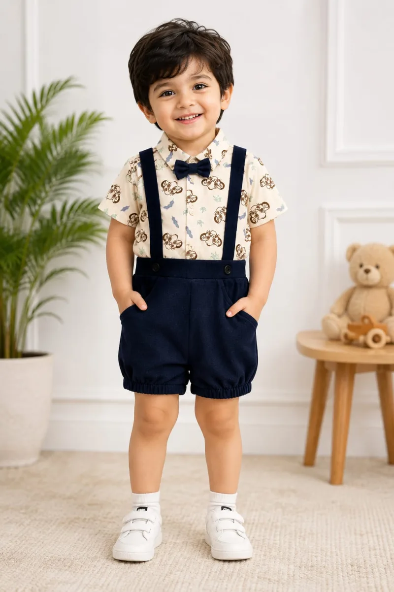 Baby Boys Cream Printed Shirt with Navy Blue Suspender Shorts Set – view 1
