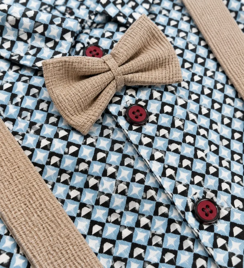 Baby Boys Blue Printed Shirt with Beige Suspender Shorts Set – view 2