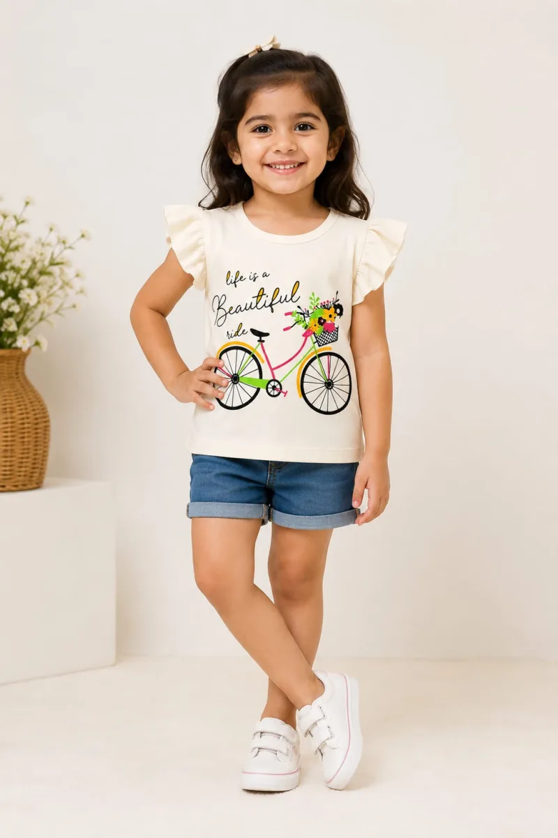 Girls Cream Printed Ruffle Sleeve T-Shirt – Life Is a Beautiful Ride – view 1