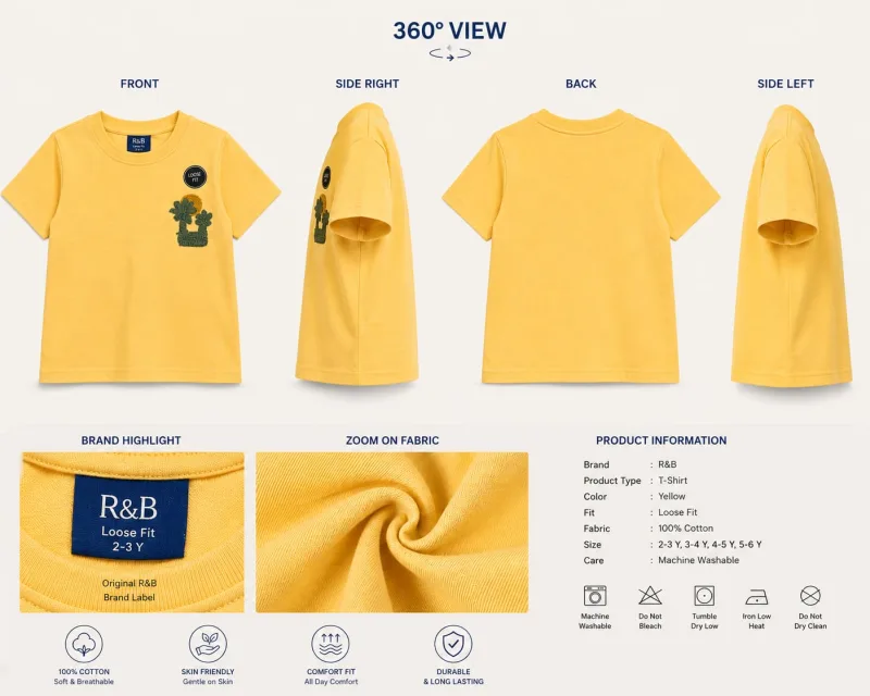 Boys Yellow 100% Cotton Loose Fit Printed T-Shirt – view 6