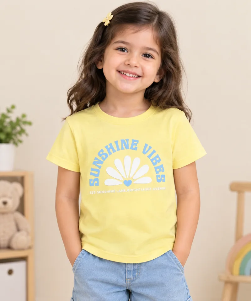 Girls Yellow Sunshine Vibes Printed Round Neck T-Shirt – view 1