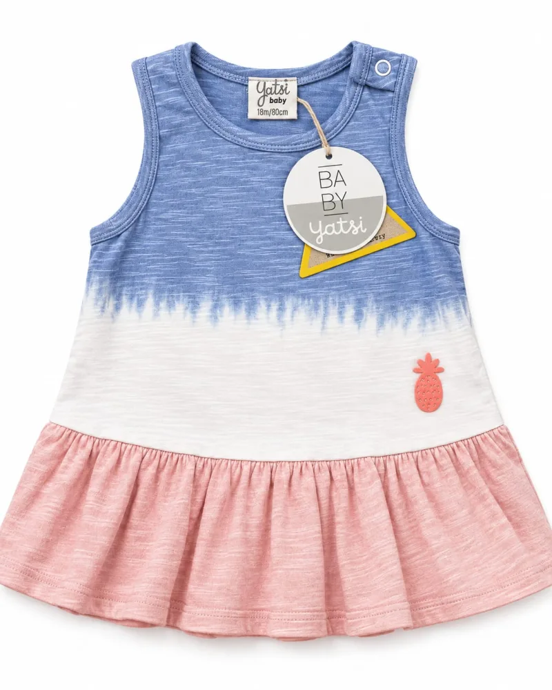 Girls Blue & Pink Cotton Sleeveless Flared Dress with Pineapple Applique – view 3