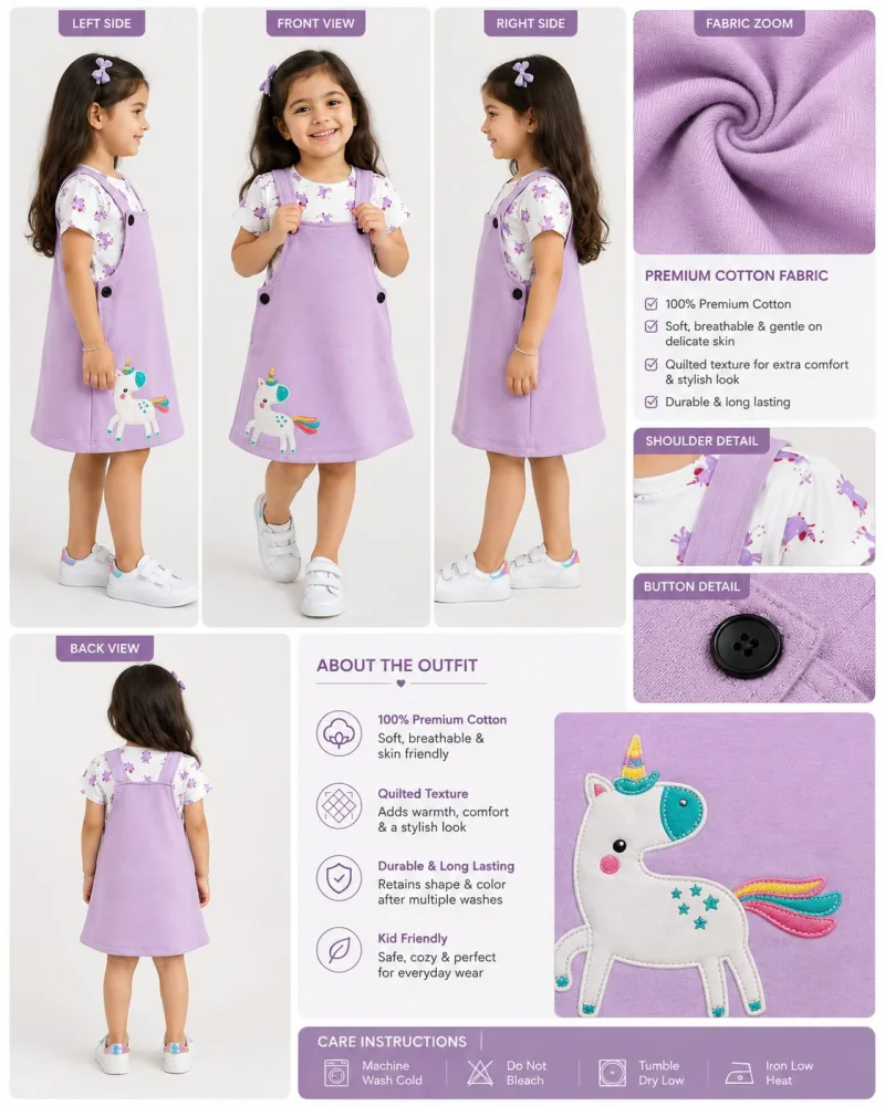 Girls’ Lavender Unicorn Dungaree Dress with Printed T-Shirt – view 4