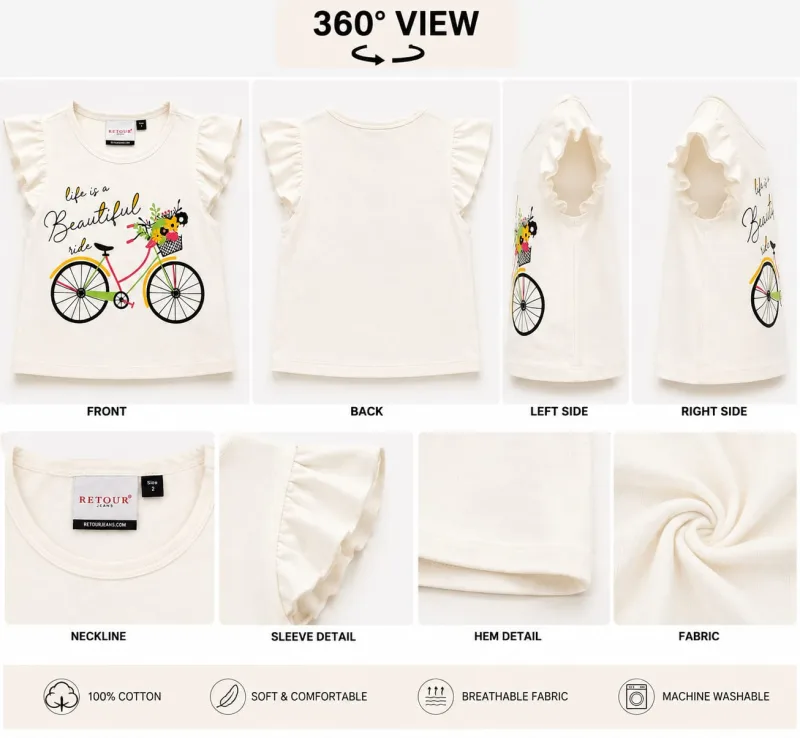 Girls Cream Printed Ruffle Sleeve T-Shirt – Life Is a Beautiful Ride – view 5