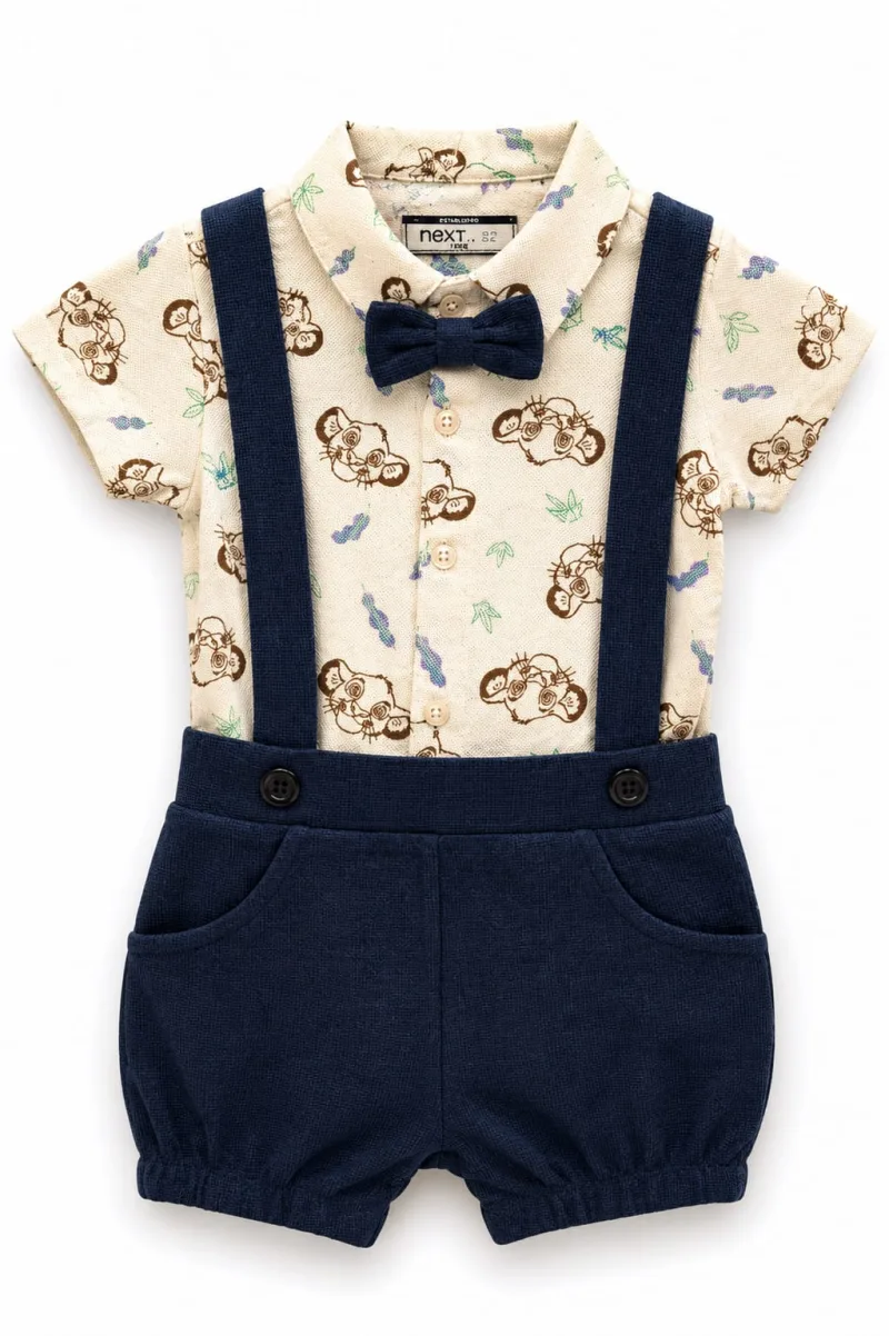 Baby Boys Cream Printed Shirt with Navy Blue Suspender Shorts Set – view 3