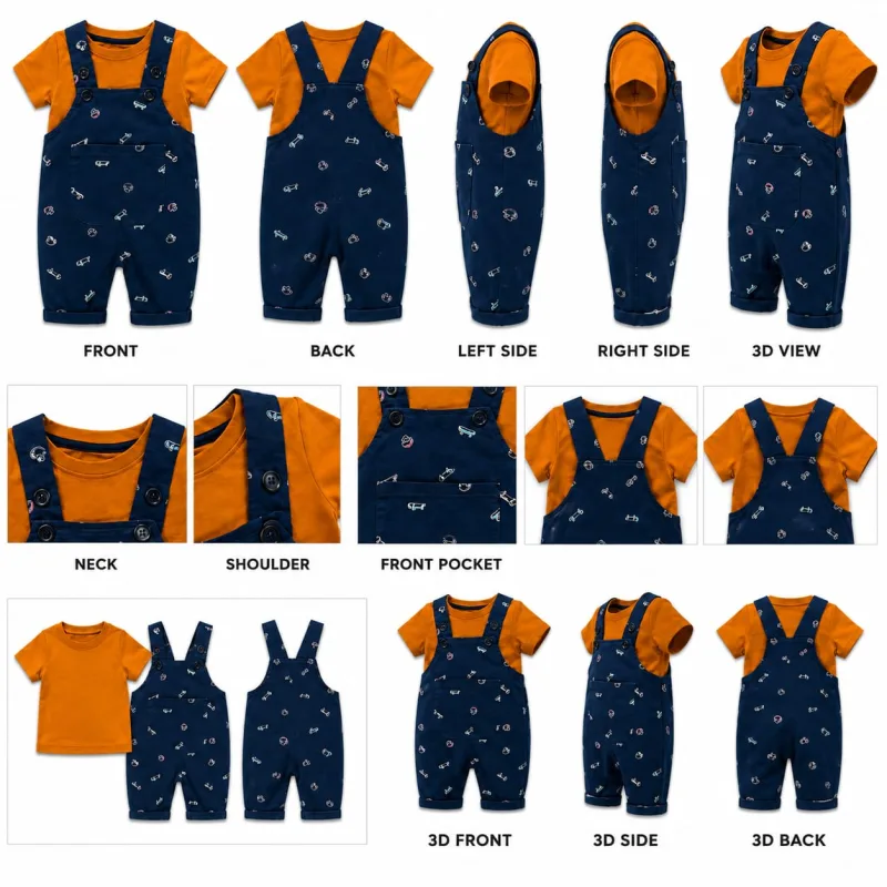 Boys Orange T-Shirt with Printed Navy Blue Dungaree Set – view 5