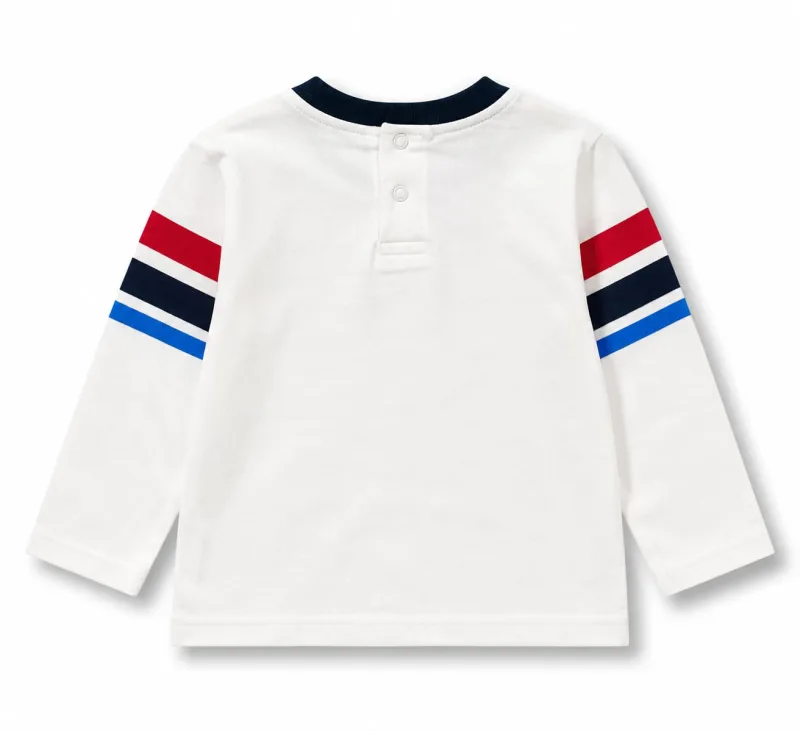 Kids White Printed Full Sleeve T-Shirt with Striped Sleeves – view 4