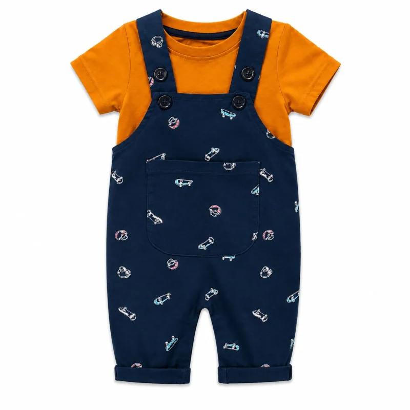 Boys Orange T-Shirt with Printed Navy Blue Dungaree Set – view 2