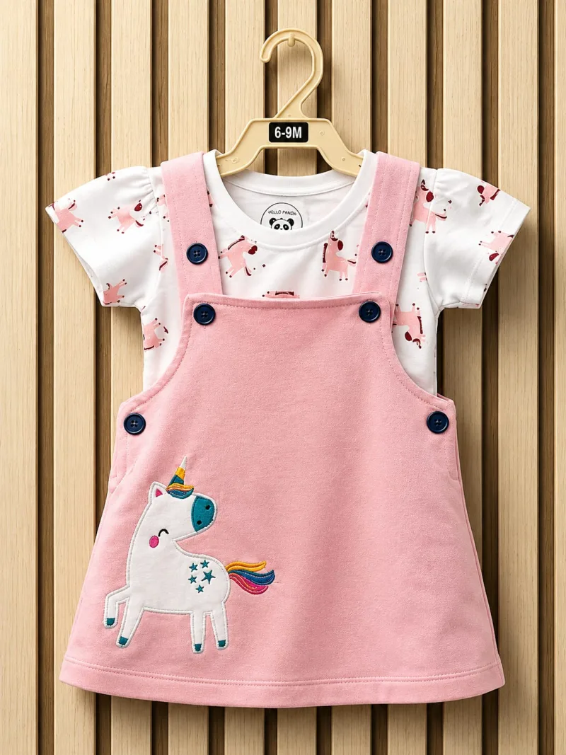 Girls Pink Unicorn Pinafore Dress with Printed T-Shirt – view 2