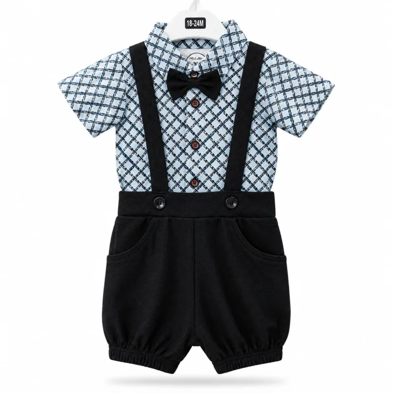 Boys Shirt with Suspender Pant Set – Checked Shirt & Black Pant – view 2