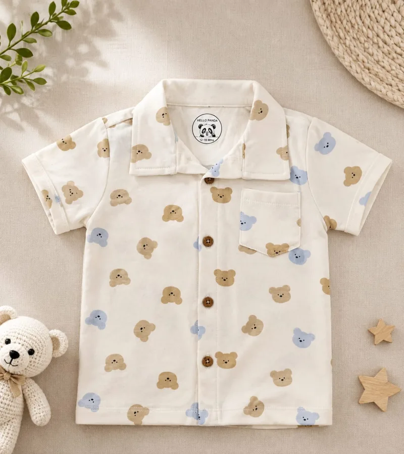 Baby Boy Cream Cotton Bear Print Half Sleeve Shirt – view 2