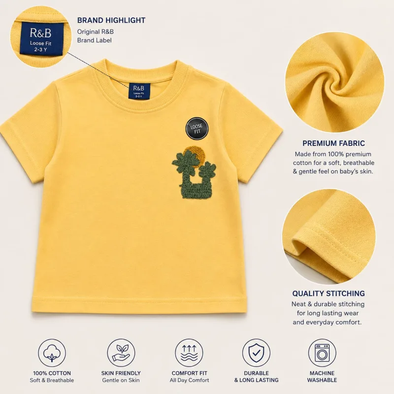 Boys Yellow 100% Cotton Loose Fit Printed T-Shirt – view 3