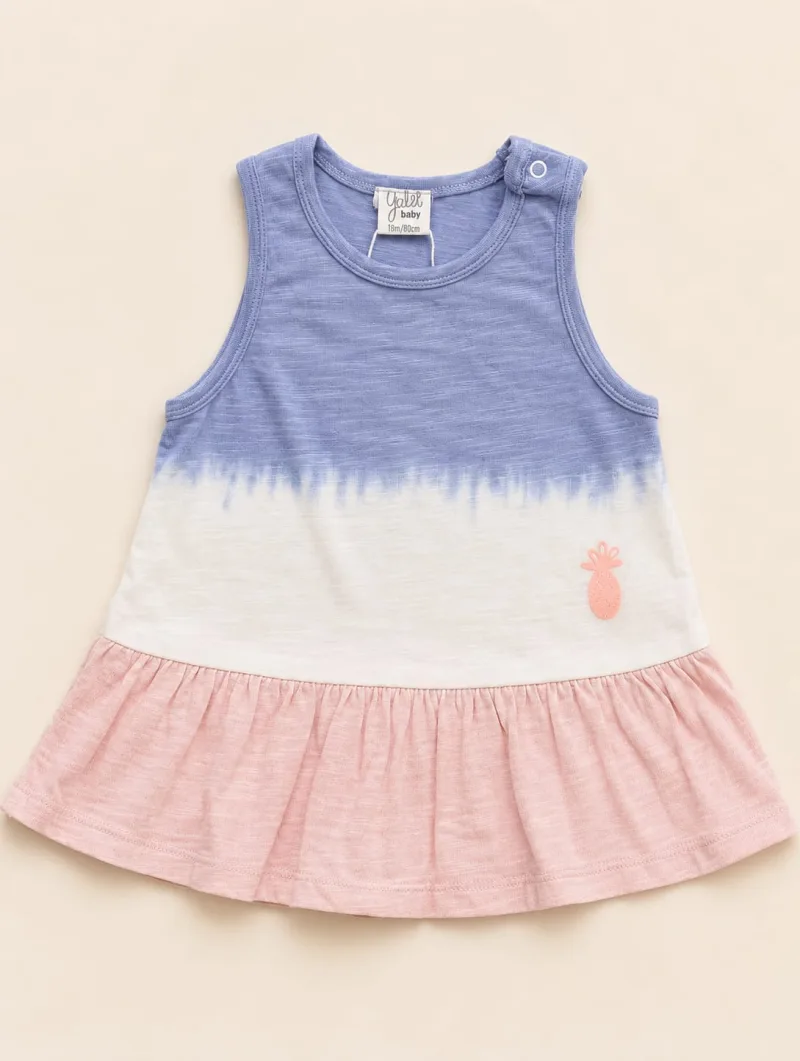 Girls Blue & Pink Cotton Sleeveless Flared Dress with Pineapple Applique – view 2