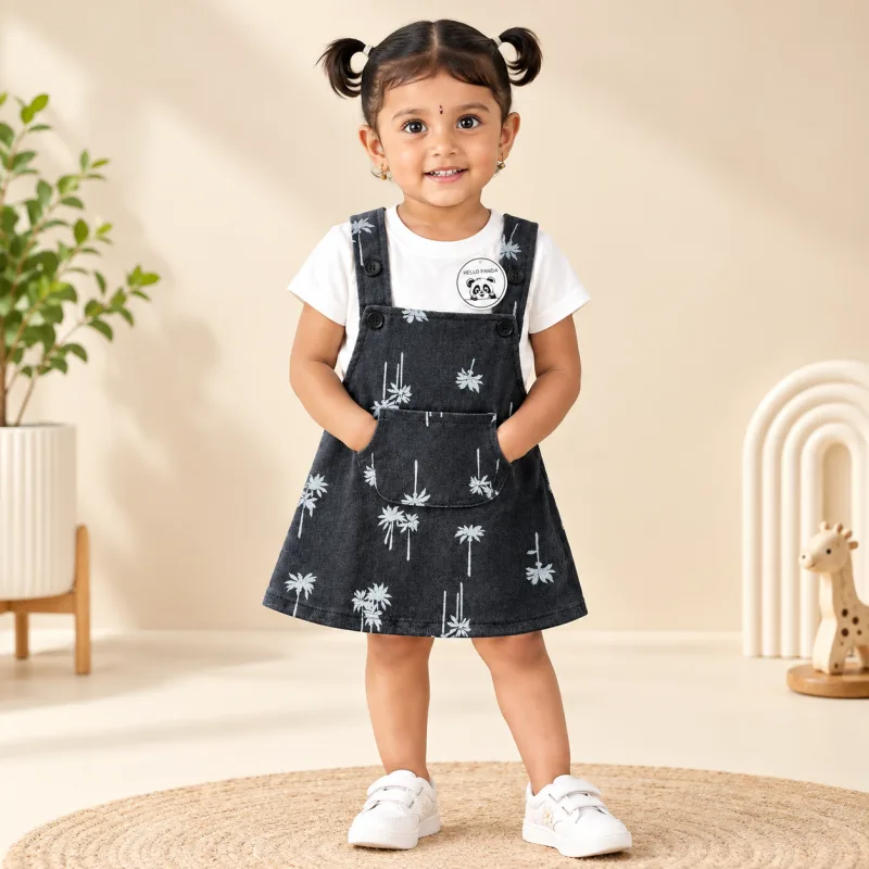 Kids Dark Grey Floral Print Overall Dress with T-Shirt – view 1