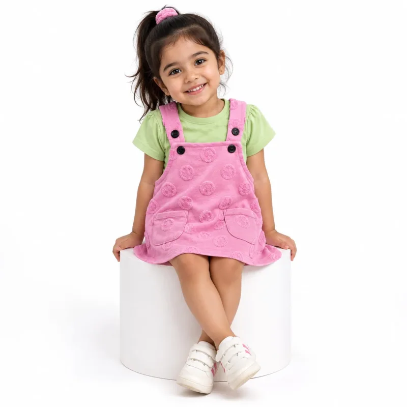 Girls Pink Dungaree Dress with Green T-Shirt Set – view 2