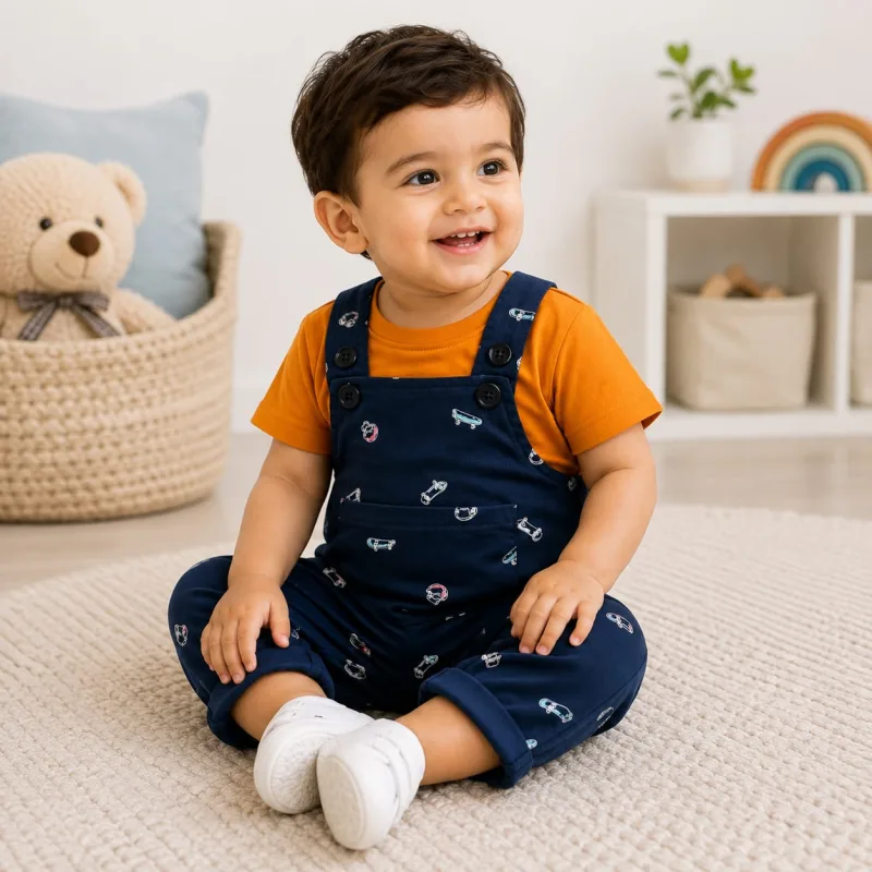 Boys Orange T-Shirt with Printed Navy Blue Dungaree Set – view 1