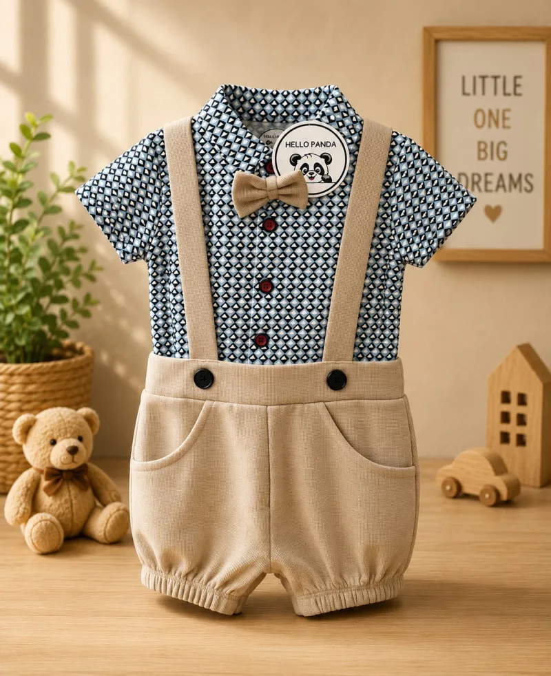 Baby Boys Blue Printed Shirt with Beige Suspender Shorts Set – view 1