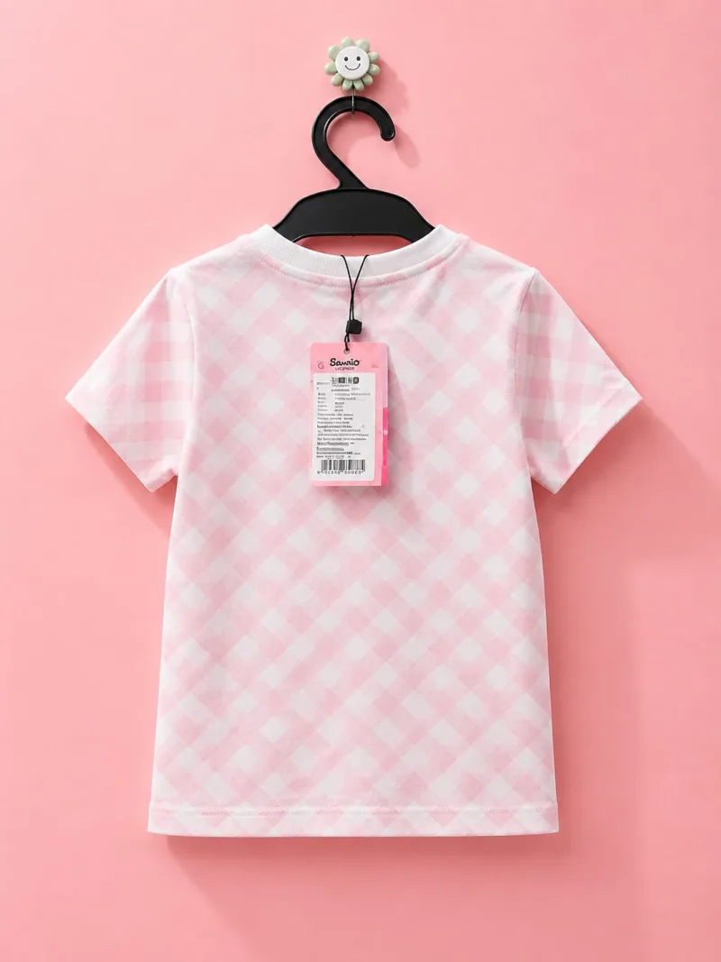 Girls My Melody Printed Pink Checkered Cotton T-Shirt – view 5