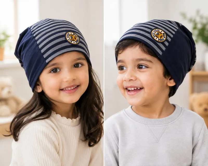 Kids Black & Grey Striped Cotton Cap with Badge – view 1
