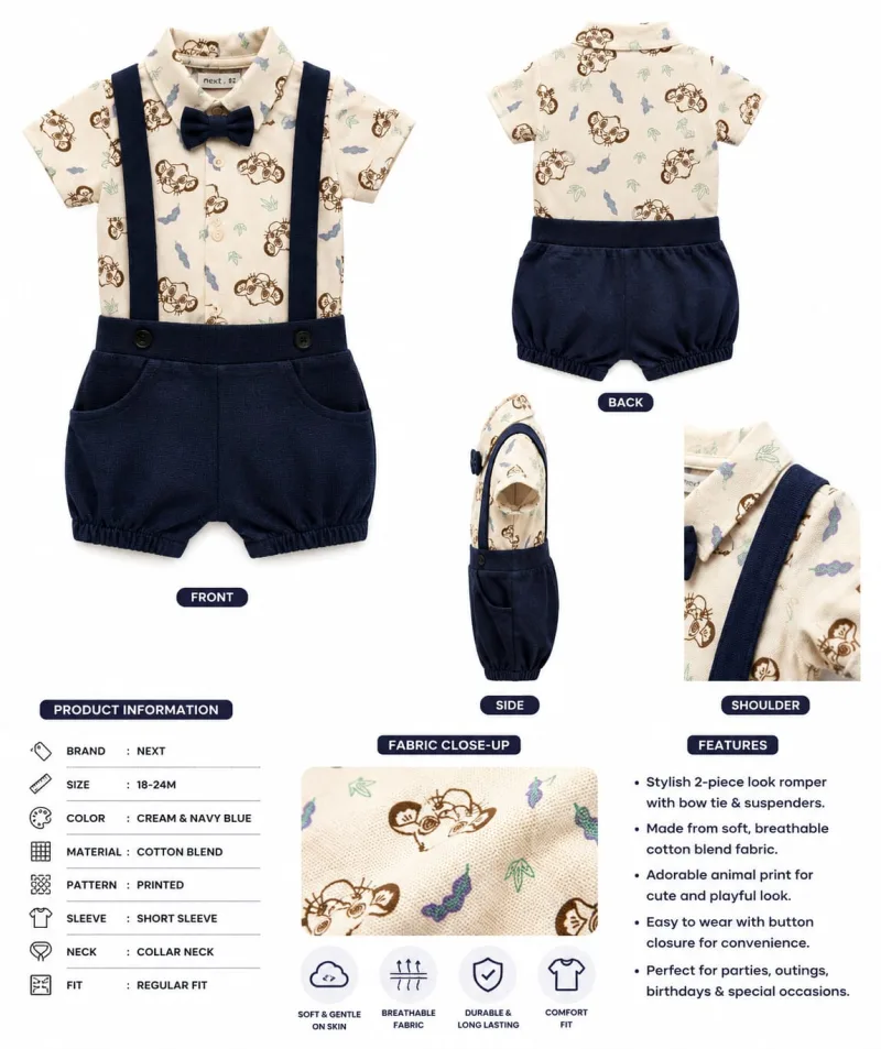 Baby Boys Cream Printed Shirt with Navy Blue Suspender Shorts Set – view 7
