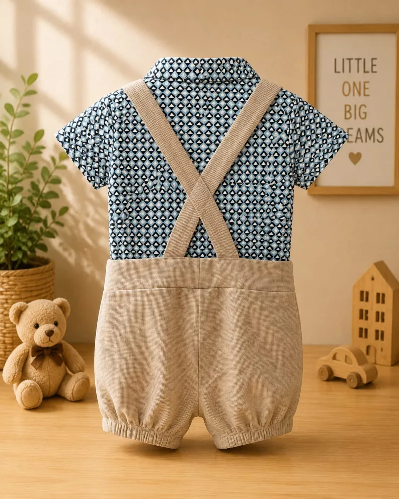 Baby Boys Blue Printed Shirt with Beige Suspender Shorts Set – view 4