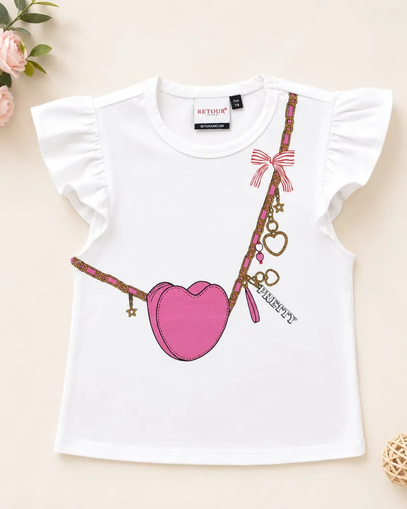 Name: Girls White Flutter Sleeve Printed T-Shirt – view 2
