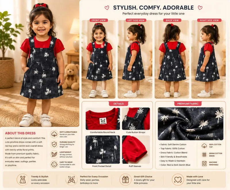 Girls Red Top with Dark Denim Floral Pinafore Dress – view 5