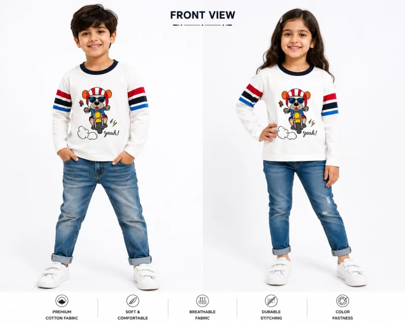 Kids White Printed Full Sleeve T-Shirt with Striped Sleeves