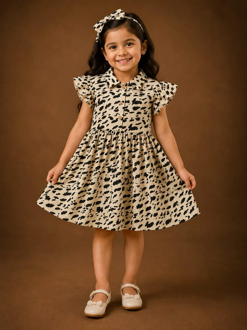Girls Printed A-Line Dress with Flutter Sleeves