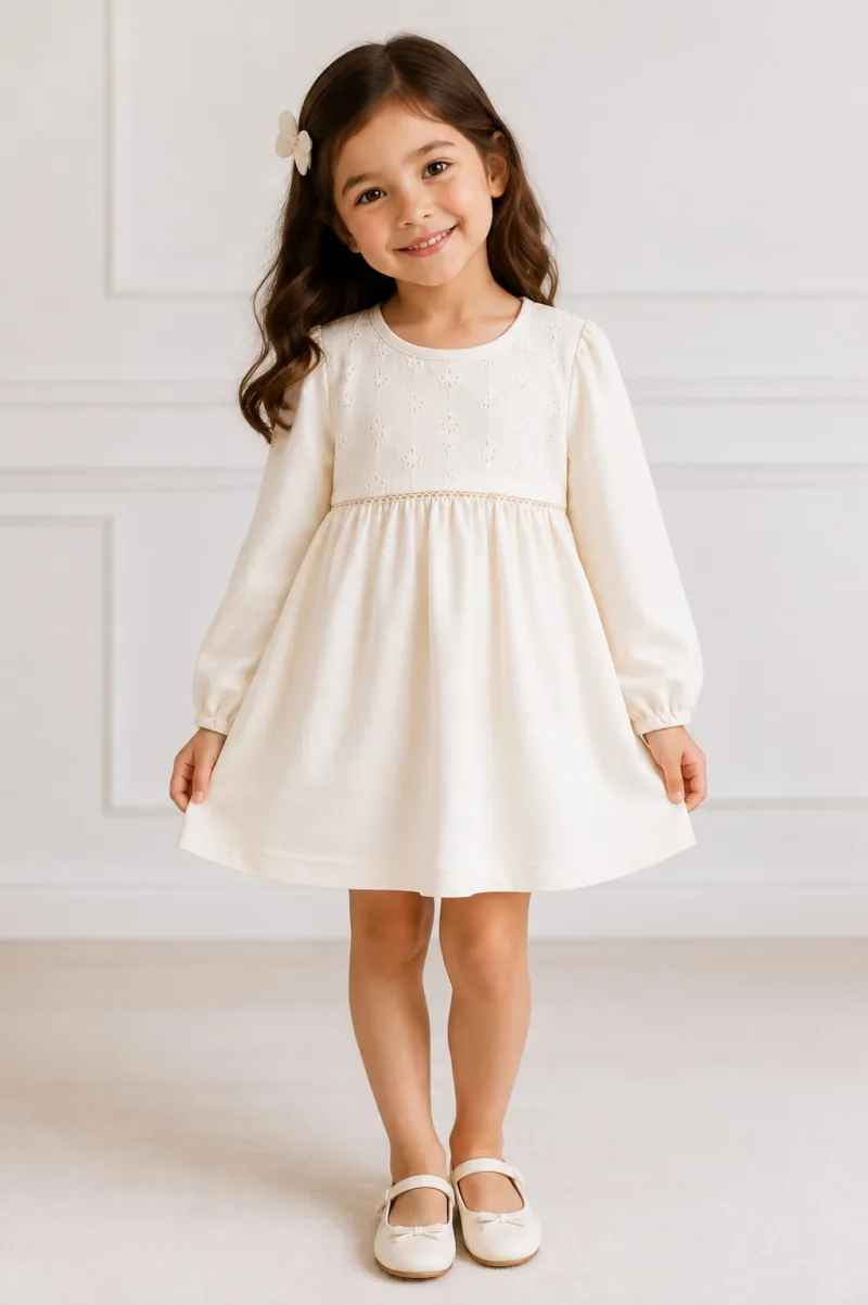 Cream Floral Embroidered Gathered Girls Dress