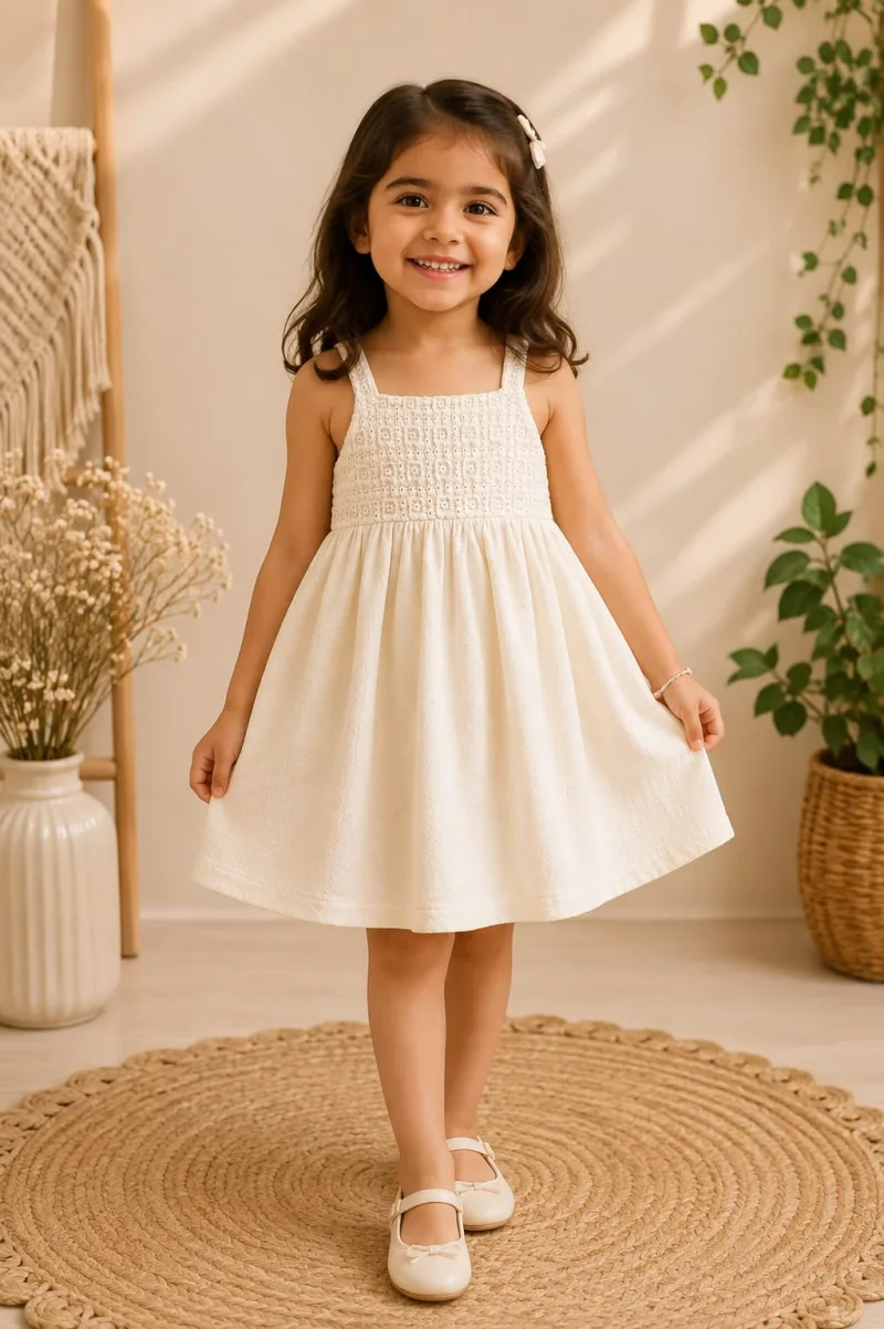 Girls Cream White Crochet Yoke Sleeveless Flared Dress